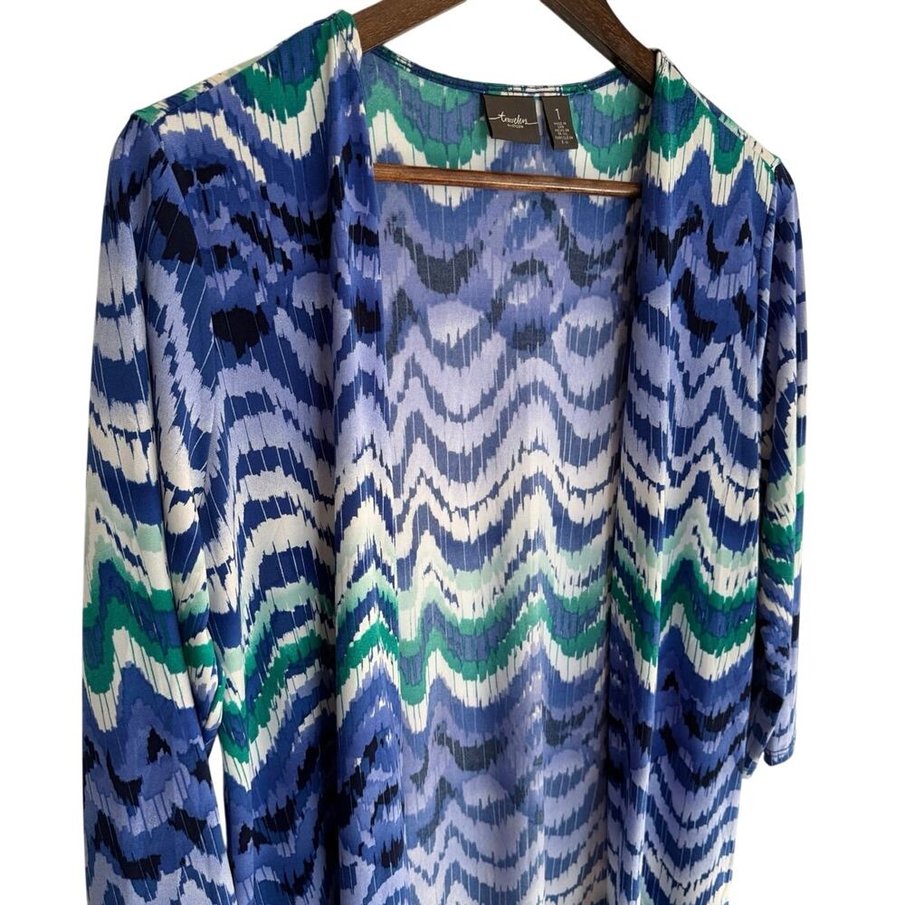 Chico’s Travelers Women’s 1 (M) Open Front Cardigan Blue Slinky Tunic Length EUC